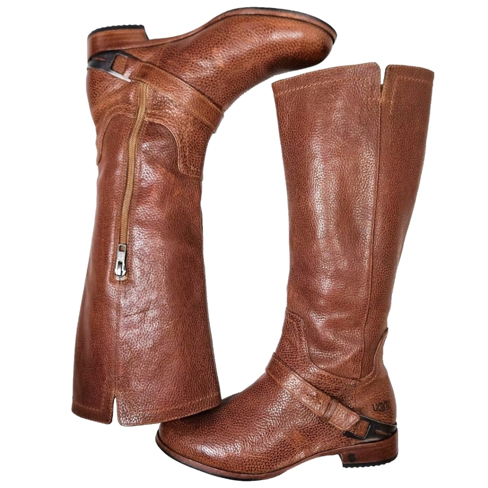 UGG Channing Tall Riding Boots Sz 7.5 Chestnut Pebbled Leather 3184 - Picture 9 of 14